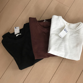 ジーユー(GU)のGU ジャカードクルーネックTシャツ XL ブラック  ホワイト ブラウン 3枚(Tシャツ(半袖/袖なし))