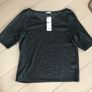 ジーユー(GU)のGU ラメワイドVネックT ブラック XL 五分袖(Tシャツ(半袖/袖なし))