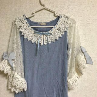 アクシーズファム(axes femme)のaxes femme　☆　袖ボリュームレースカットソー　☆ブルー(Tシャツ(半袖/袖なし))