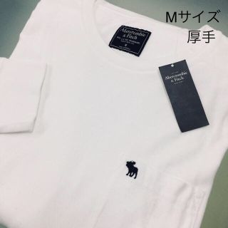 アバクロンビーアンドフィッチ(Abercrombie&Fitch)のレア品★Abercrombie【M】厚手メンズ胸ポケット付きアイコン刺繍ロンT白(Tシャツ/カットソー(七分/長袖))