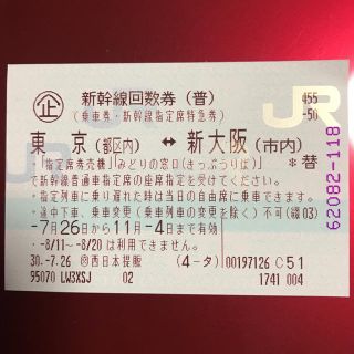 ジェイアール(JR)の新幹線チケット 東京 ⇄ 新大阪(鉄道乗車券)