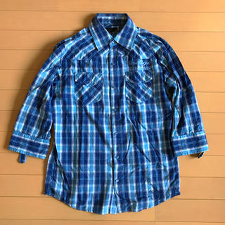 7部袖 ブルーチェックコットンシャツ 刺繍(シャツ)