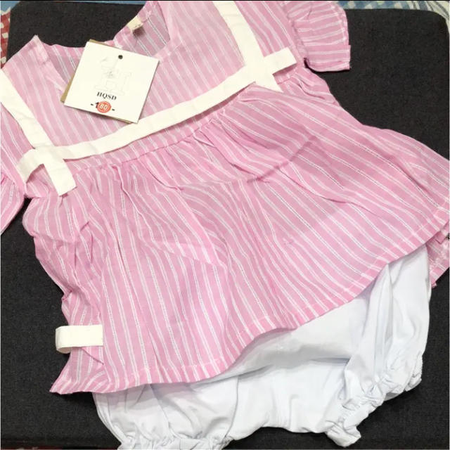 セットアップ ピンク ストライプ セーラー セット フリル シースルー パンツ キッズ/ベビー/マタニティのベビー服(~85cm)(ワンピース)の商品写真