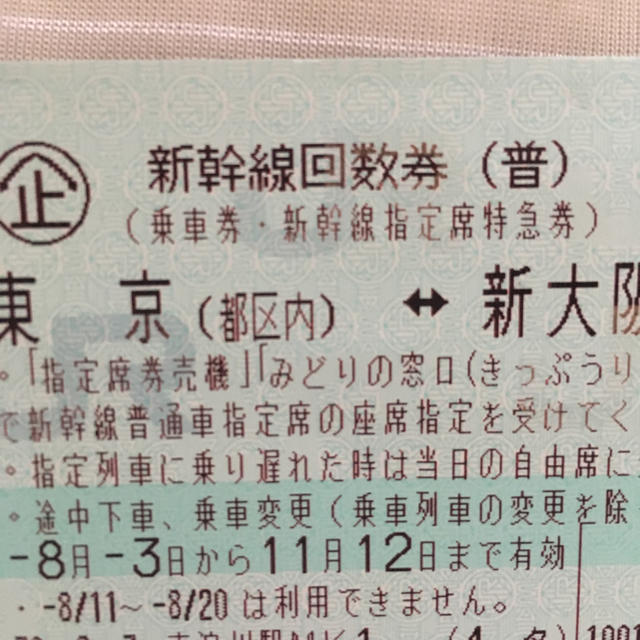 新幹線回数券 東京(都区内) 新大阪(大阪市内)乗車券/交通券