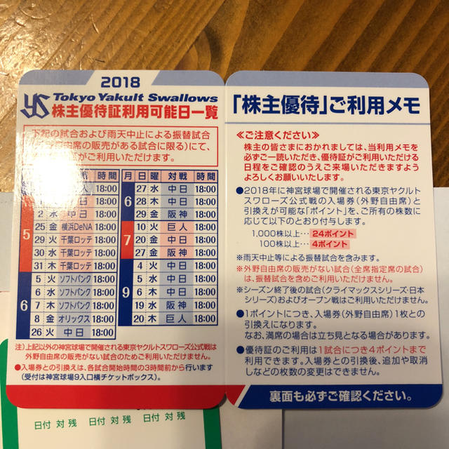 東京ヤクルトスワローズ(トウキョウヤクルトスワローズ)のヤクルト 19 20日 外野自由席4枚分 チケットの優待券/割引券(その他)の商品写真