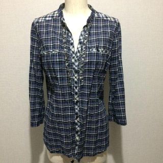 ザラ(ZARA)のZARA WOMANザラチェック柄ノーカラーシャツs 26ブルーロールアップ袖(シャツ/ブラウス(長袖/七分))