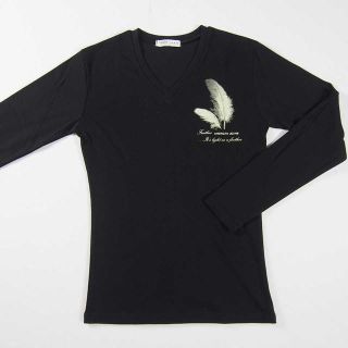 【新品】 Vネック ワンポイント 長袖 ネイビー 黒系  M (35) 37(Tシャツ/カットソー(七分/長袖))