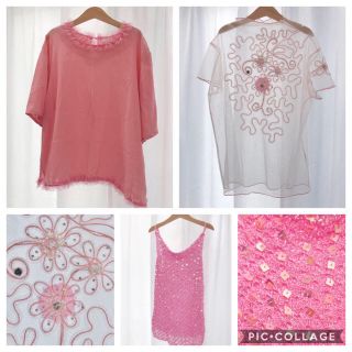 サンタモニカ(Santa Monica)の古着pinkセット♡レース、ビーズ、シースルー、刺繍トップス(シャツ/ブラウス(半袖/袖なし))