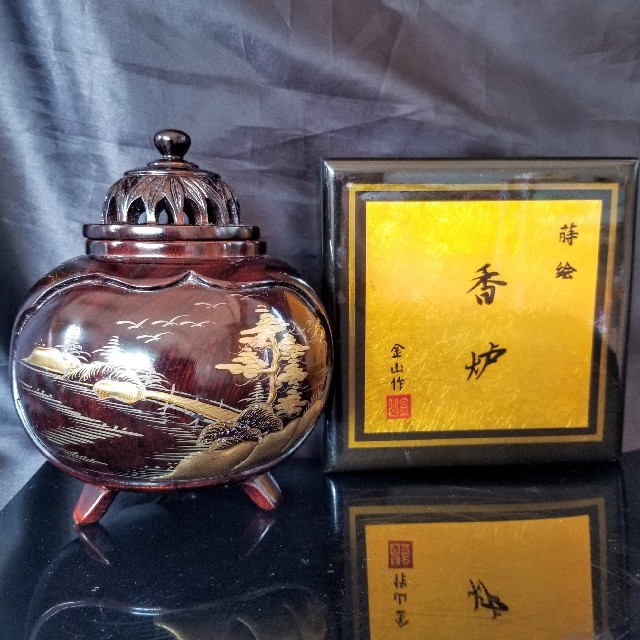 ☆金蒔絵 蒔絵 香炉 金山作 紫檀 紫丹 唐木 未使用品