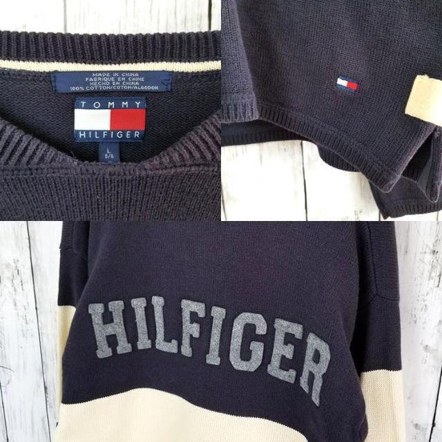 TOMMY HILFIGER(トミーヒルフィガー)の【超鉄板】トミーヒルフィガー ニットセーター ビッグロゴ ボーダー Lサイズ メンズのトップス(ニット/セーター)の商品写真