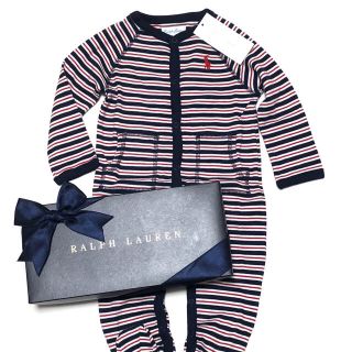 ラルフローレン(Ralph Lauren)の新品 ラルフローレン 足カバー付き ストライプコットンカバーオール 9M/75(カバーオール)