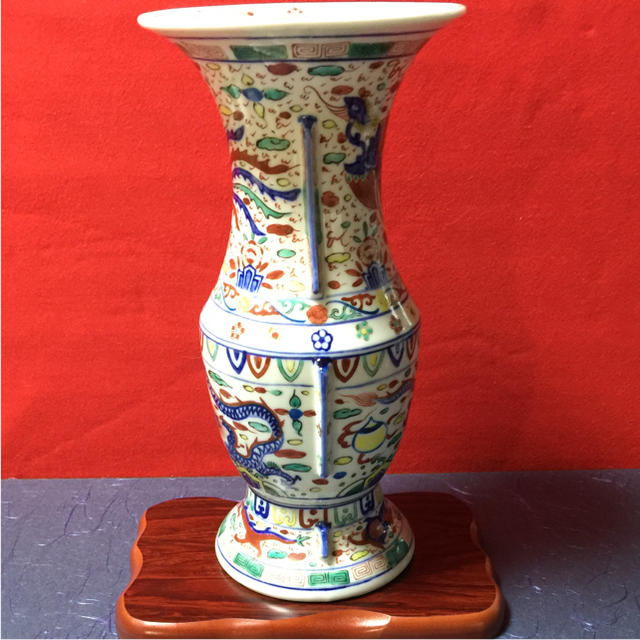 中国万暦赤絵 象耳付 染付竜絵 龍鳳凰図 花瓶 古美術