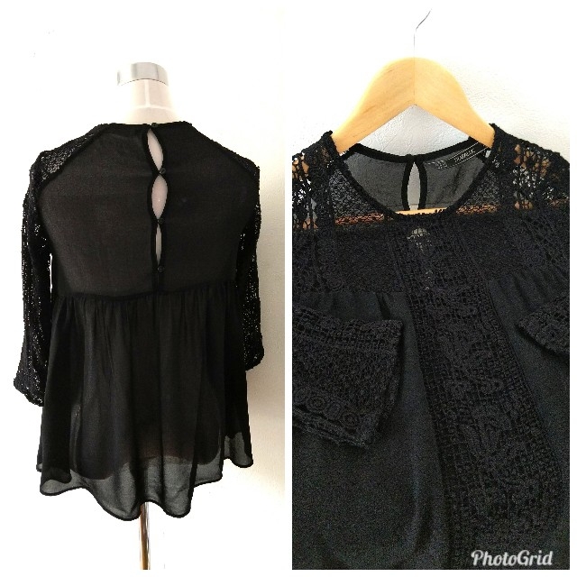 ZARA(ザラ)の秋 ザラZARA綺麗レース×シフォン ブラウス黒ブラック OggiCLASSY  レディースのトップス(シャツ/ブラウス(長袖/七分))の商品写真