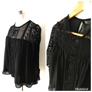 ザラ(ZARA)の秋 ザラZARA綺麗レース×シフォン ブラウス黒ブラック OggiCLASSY (シャツ/ブラウス(長袖/七分))