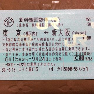 ジェイアール(JR)の東京↔︎大阪 新幹線回数券チケット １枚(鉄道乗車券)