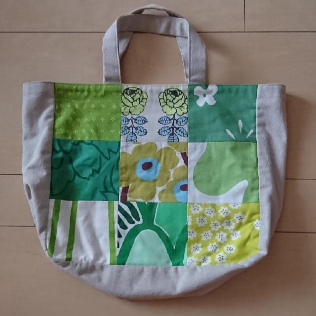 marimekko(マリメッコ)のmarimekko パッチワーク トートバッグ  グリーン系 ハンドメイド ハンドメイドのファッション小物(バッグ)の商品写真