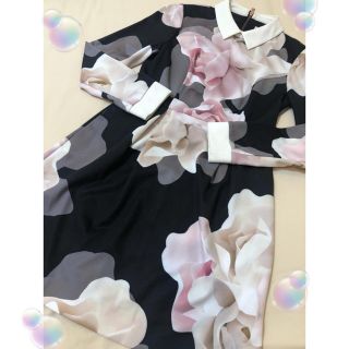 テッドベイカー(TED BAKER)のTED BAKER 花柄 長袖ワンピース☆襟つき ピンク×ブラック(ひざ丈ワンピース)