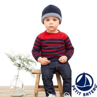 プチバトー(PETIT BATEAU)の【新品】プチバトー 36m 肩ボタンボーダーニットプルオーバー(ニット)