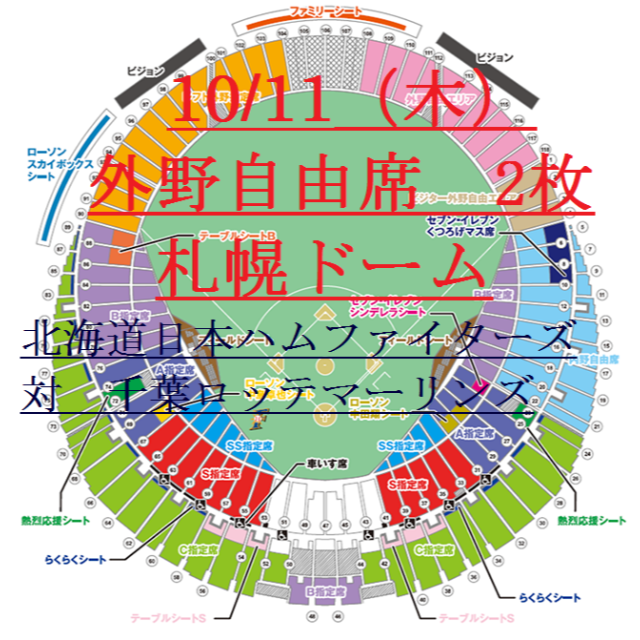 10/11（木） 日本ハムファイターズ VS千葉ロッテ 札幌ドーム 外野自由席 チケットのスポーツ(野球)の商品写真