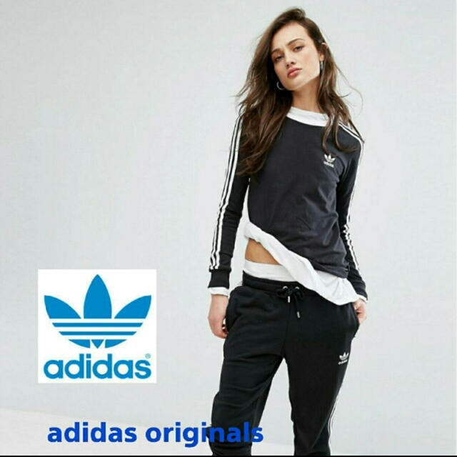 (Ｓサイズ)adidas original 3ストライプロンＴブラック レディースのトップス(Tシャツ(長袖/七分))の商品写真