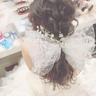 ドットチュールリボン♡ヘッドドレス♡ウェディング♡披露宴♡結婚式♡二次会(ヘッドドレス/ドレス)