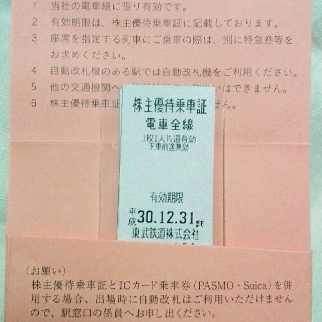 東武鉄道　株主優待乗車券4枚　乗車証