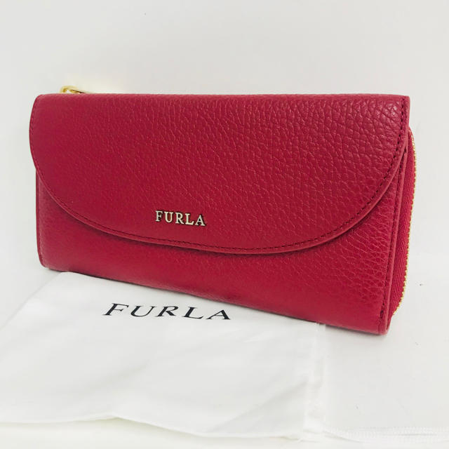 【美品】FURLA フルラ レザー ファスナー 長財布 赤×ゴールド金具