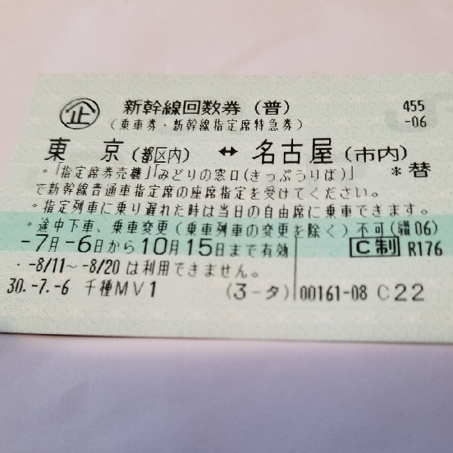 東京⇌名古屋 新幹線切符(10月15日迄有効) - 鉄道乗車券