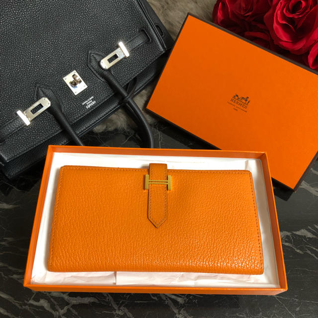 Hermes - Hermes エルメス ベアン 三つ折り 長財布 シェーブル オレンジ