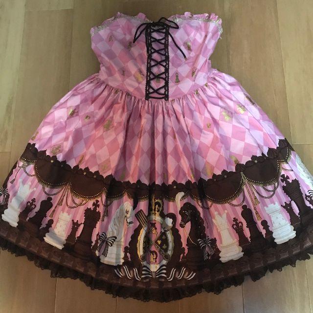 Angelic Pretty(アンジェリックプリティー)のChess Chocolateビスチェジャンパースカート＆ボンネット ピンク レディースのワンピース(ひざ丈ワンピース)の商品写真