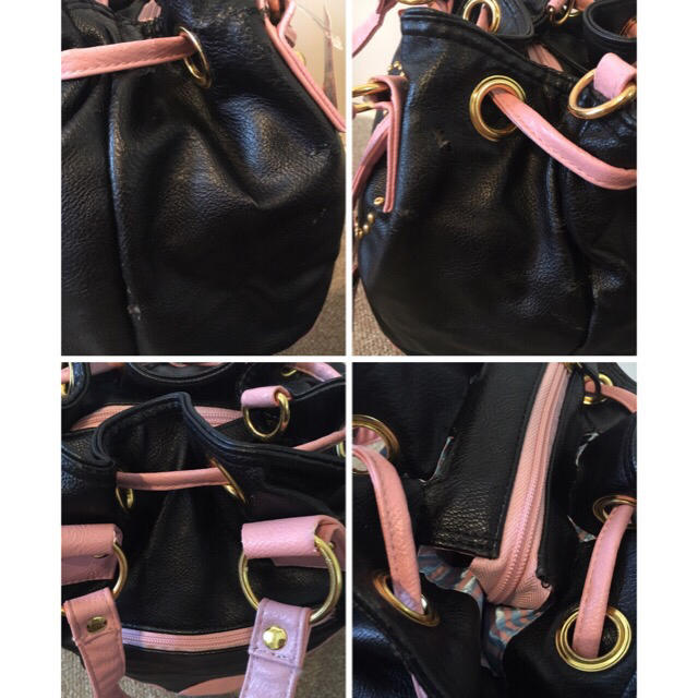 SWIMMER(スイマー)のスイマー 巾着型2wayバッグ ハートスタッズ ピンク黒バイカラー ゴールド金具 レディースのバッグ(ショルダーバッグ)の商品写真