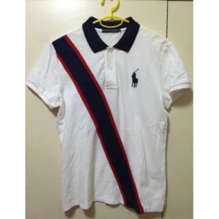 ポロラルフローレン(POLO RALPH LAUREN)の美品本物ラルフローレンビックポニーの半袖ポロシャツ　L　白に紺赤ライン (ポロシャツ)