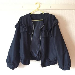 未使用 ノーカラー ブルゾン パーカー 春服 ジャケット フリル ネイビー(ブルゾン)