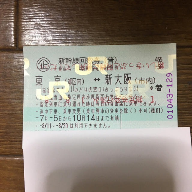 新幹線 乗車券のみ 8750円相当 東京→大阪 10／14日まで
