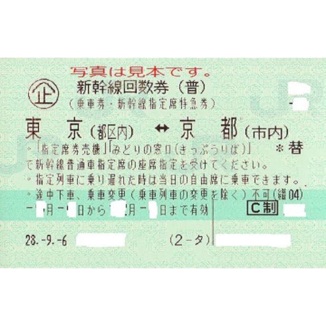 新幹線回数券普通指定席　東京ー京都４枚売り。　期限３１年１月１２日