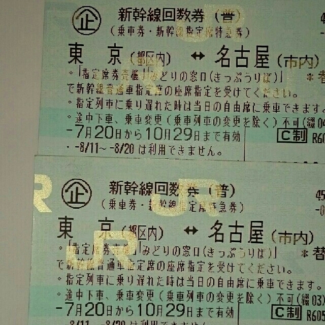 新幹線 東京―名古屋 2枚 - 鉄道乗車券