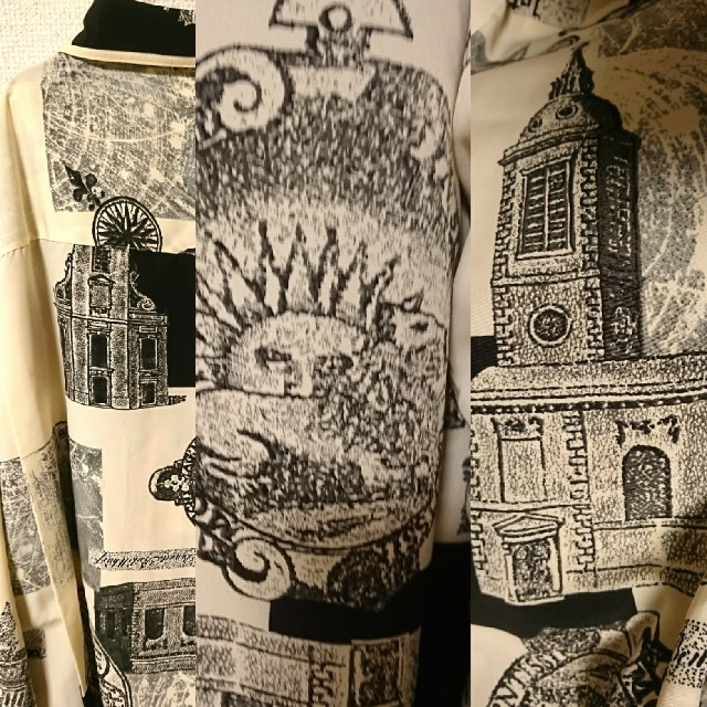 Santa Monica(サンタモニカ)のオールド古着 ビッグシルエット 古代文明柄と建造物柄のコラージュ柄シャツ メンズのトップス(シャツ)の商品写真