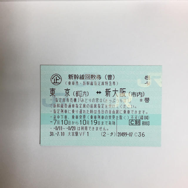 東京から新大阪迄の新幹線の普通券・新幹線指定席特急指定券