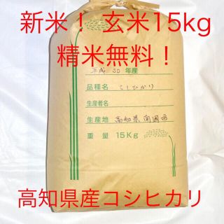 新米！玄米15kg 精米無料！30年度高知県産コシヒカリ(米/穀物)