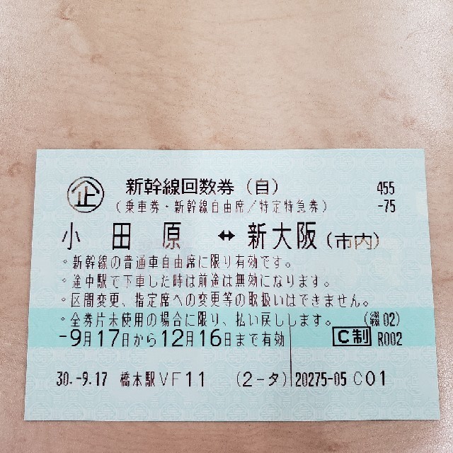 小田原～新大阪新幹線乗車券