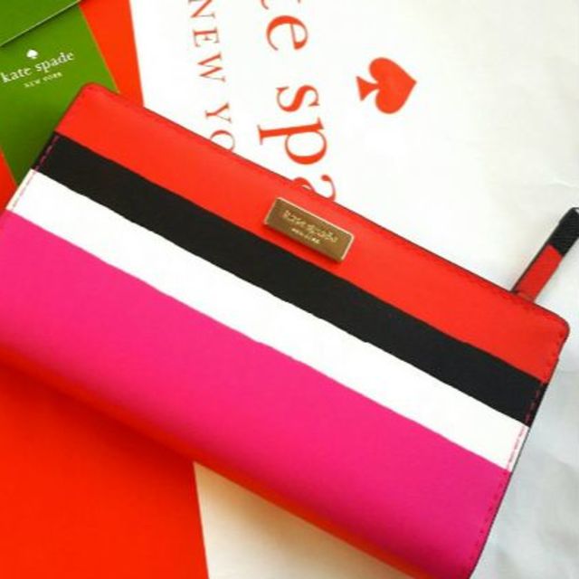 kate spade new york(ケイトスペードニューヨーク)の薄型姫ケイトスペード長財布ピンク赤白黒カラフル色鮮やかストライプ春夏ボーダー牛革 レディースのファッション小物(財布)の商品写真