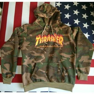 スラッシャー(THRASHER)のTHRASHERスラッシャー迷彩カモ柄フレイムXLパーカースウェットフーディー(パーカー)