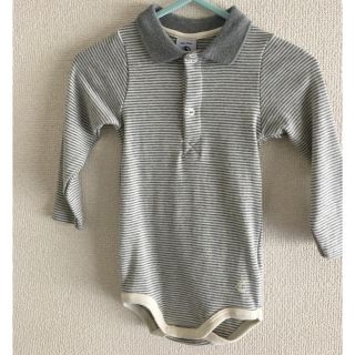 プチバトー(PETIT BATEAU)のPETIT BATEAU １２m ボーダー長袖ロンパース グレー 未使用品(ロンパース)