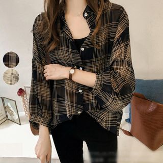 【2XL】シャツ レディース 長袖 トップス チェック柄シャツ(シャツ/ブラウス(長袖/七分))