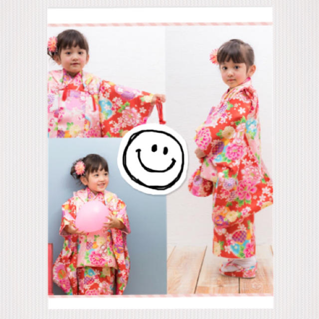 【美品】七五三 着物 3歳 フルセット 赤 ピンク キッズ/ベビー/マタニティのキッズ服女の子用(90cm~)(和服/着物)の商品写真