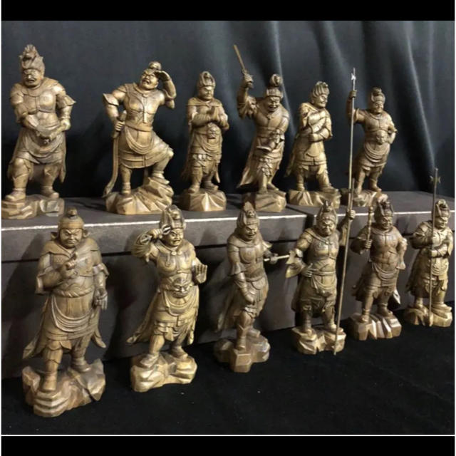 珍品 総柘植材 精密細工 古美術 時代木彫 仏教美術 薬師12神将像一式の