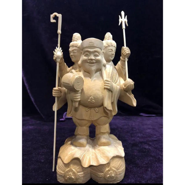 一刀彫 特上彫 仏教美術 木彫仏像 三面大黒天像-