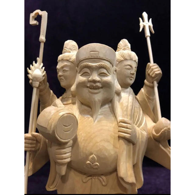 一刀彫 特上彫 仏教美術 木彫仏像 三面大黒天像-