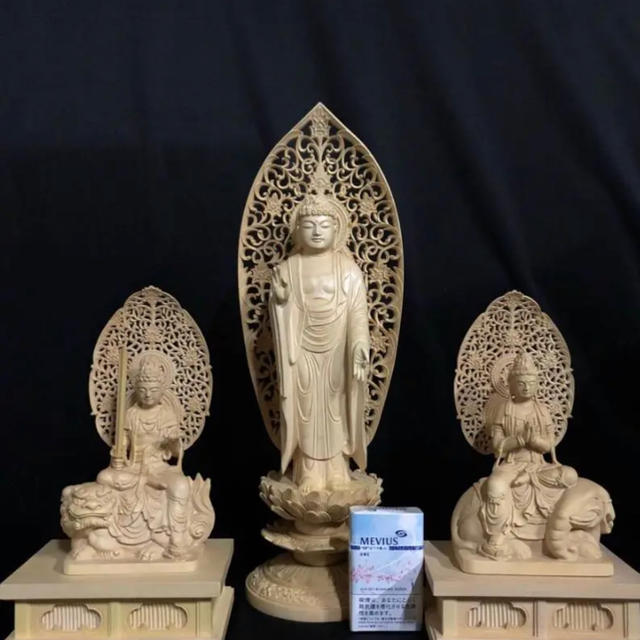 珍品 超迫力 極上彫 仏教美術 大型 総高45cm 釈迦如来三尊像
