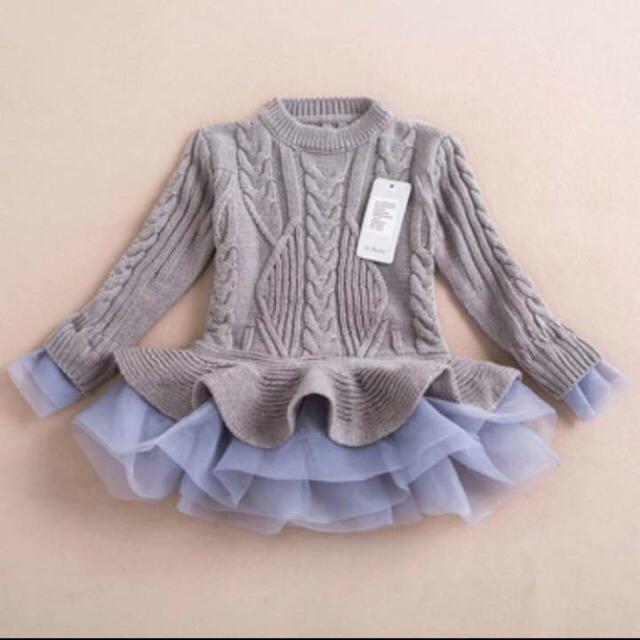 グレー 110 チュール♡フレアニットワンピース キッズ/ベビー/マタニティのキッズ服女の子用(90cm~)(ワンピース)の商品写真